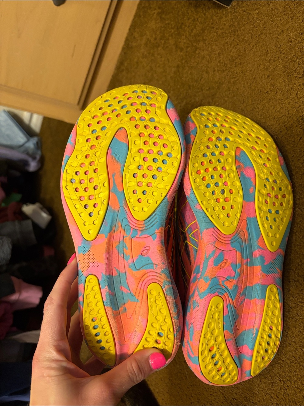 Asics Neon Pink and Blue Patterned Running Shoes with Yellow Laces - Picture 4 of 6
